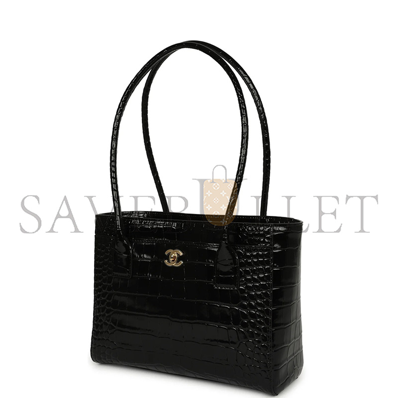 Ch**el MASTER MINI CERF SHOPPING BAG BLACK CROC EMBOSSED CALFSKIN GOLD HARDWARE (25*19*9cm)